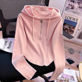 Kaus berkerudung setengah ritsleting slim fit / crop top korea lengan panjang / Kaos merah muda tidak beraturan