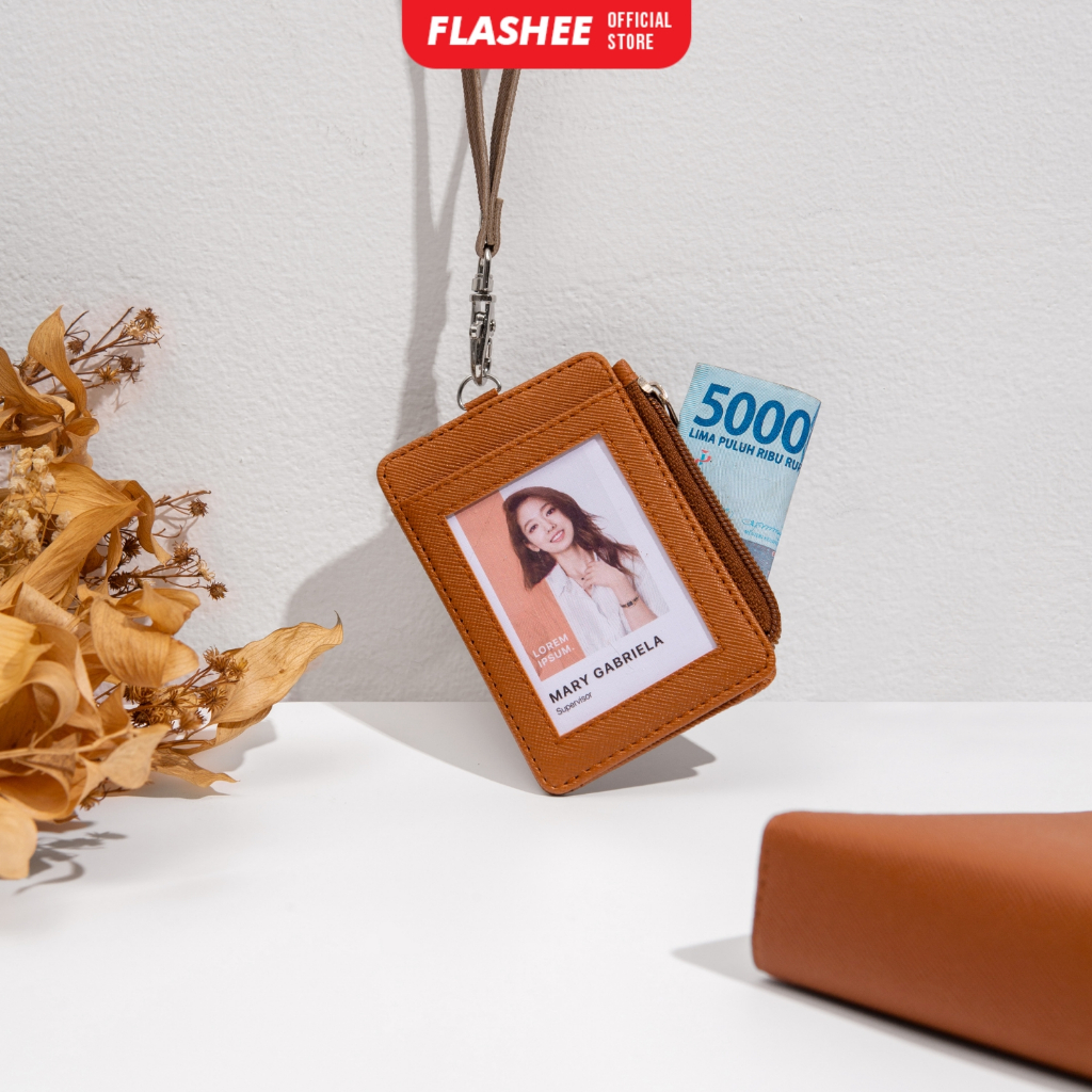Flashee Lanyard Zipper Name Tag Zipper Riley Lanyard ID Card Holder หนัง PU