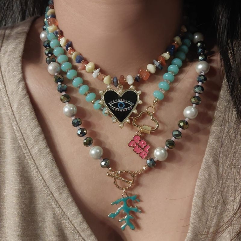 สร้อยคอลูกปัดมุกจี้ Charm Red Agate Sodalite Black Evil Eye GRL PWR Carabiner Pearly Seaweed