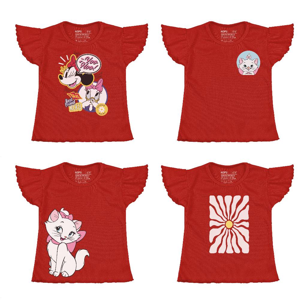 Merah สีแดง Semi Crop Curly Rib หญิงเสื้อผ้า Crop Top เด็ก & 39; s เสื้อผ้าอายุ 1 T 2 T 3 T 4 T 5 T 6 T 7 T 8 T 9 T 10 T - KOFU KIDS