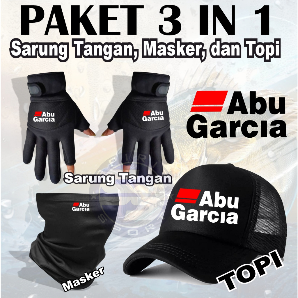 แพ็คเกจอุปกรณ์ตกปลา 3 in 1 ประกอบด้วยหมวกตกปลา หน้ากากบัฟ และถุงมือตกปลา Abugrsia