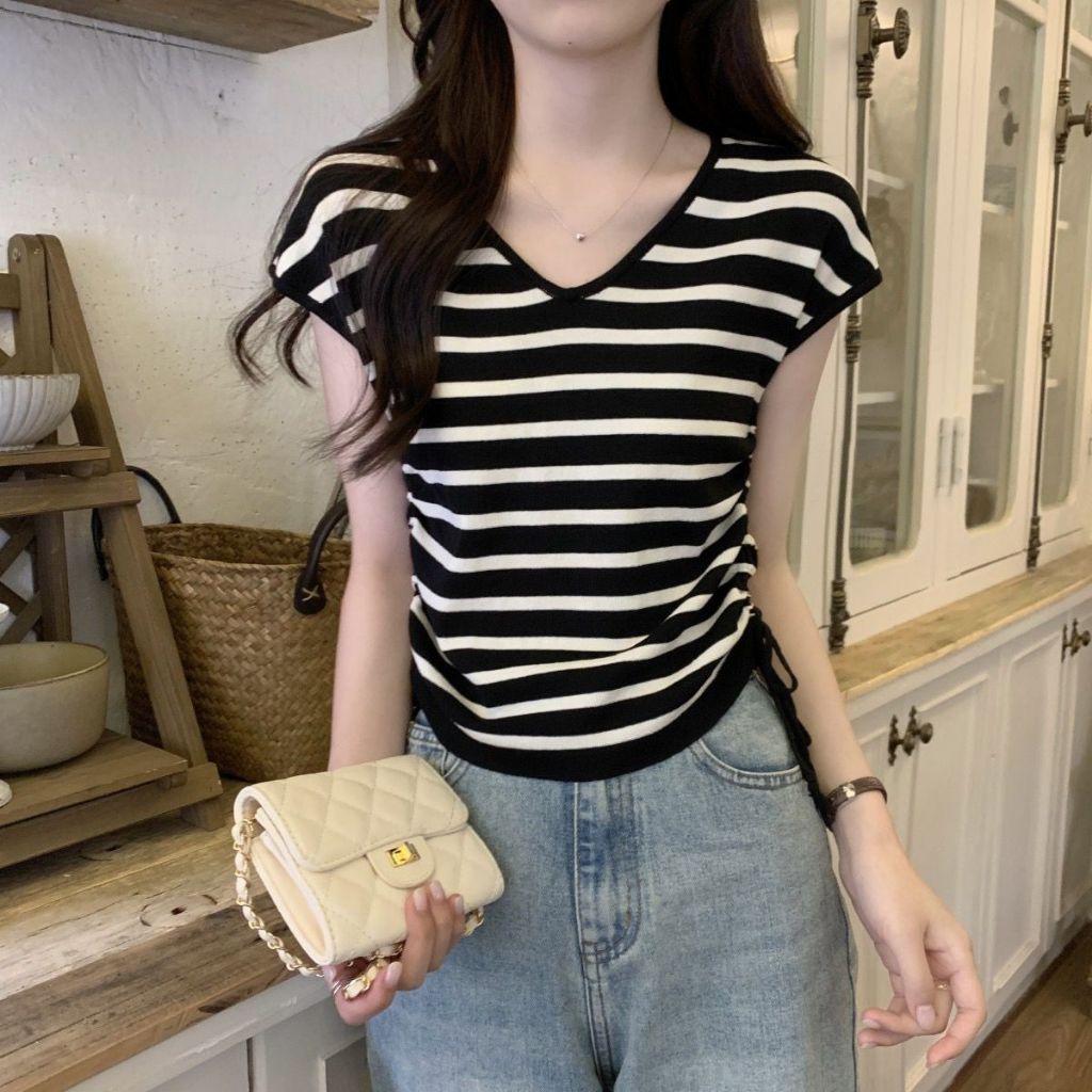 Elizabethgrosir1 Stripe Vneck Knit Top Import ขายส่ง 57 ถักนําเข้า premium EN 40148