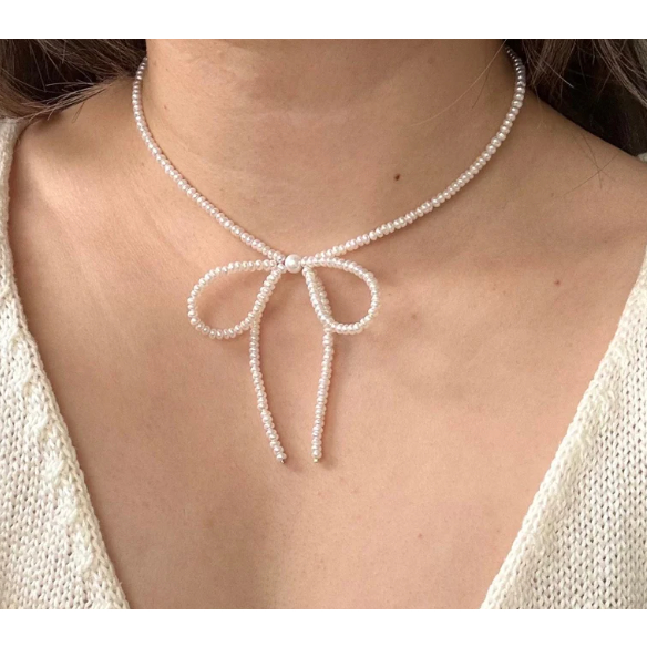 Coquette Cute Girly Pearl Bow Necklace //rosyposy