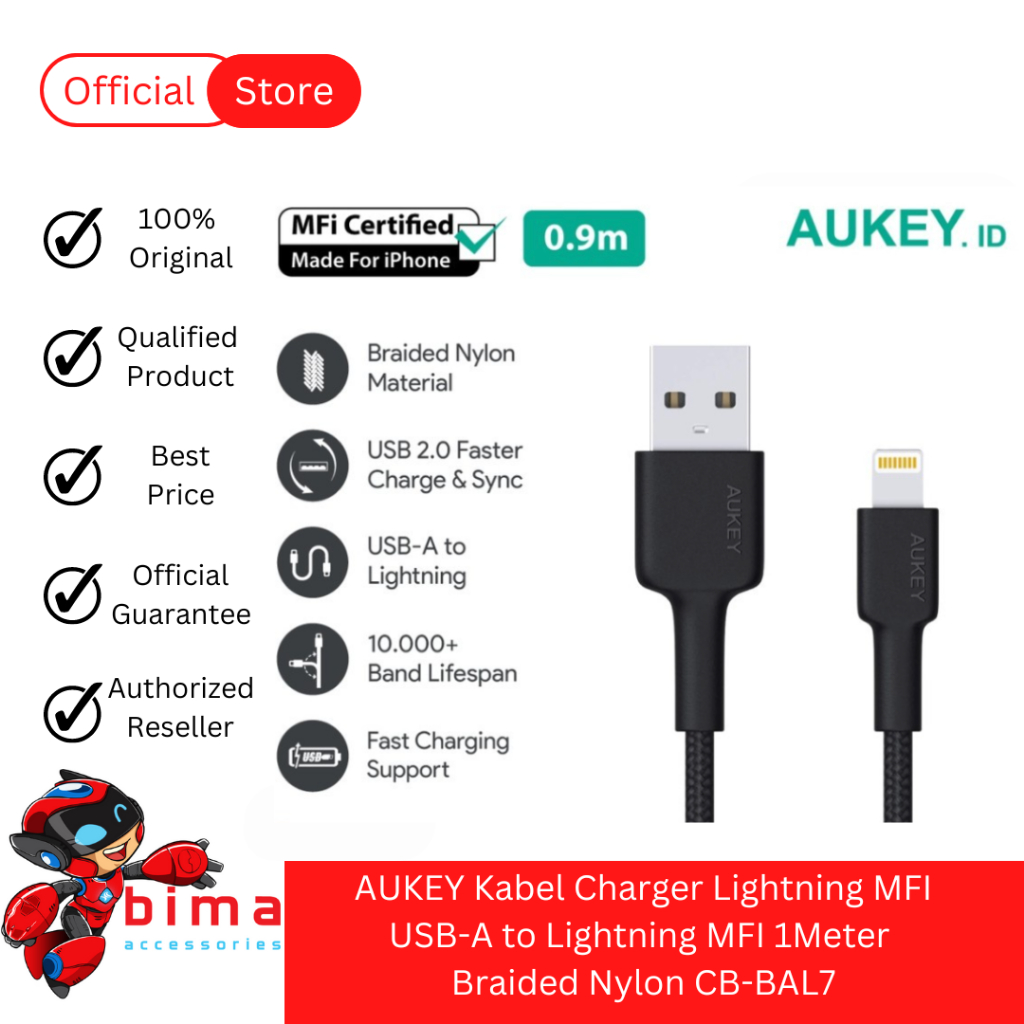 AUKEY Data Cable Lightning Charger Cable MFI USB-A to Lightning iPhone Braided Nylon CB-BAL7