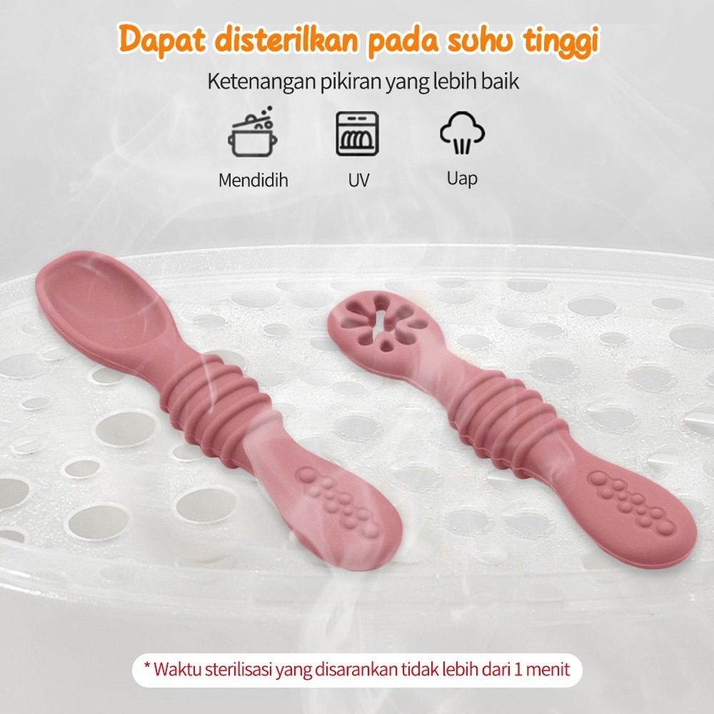 READY BANDUNG TRAINING SPOON BABY BLW TEETHER SILICONE FOR LEARNING TO EAT BABY PRE SPOON SET MPASI 