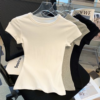 Kaus Pendek Leher Bulat Bergaris Warna Polos Atasan Kaus Ketat Elastis Seksi Fashion Wanita Gaya Korea