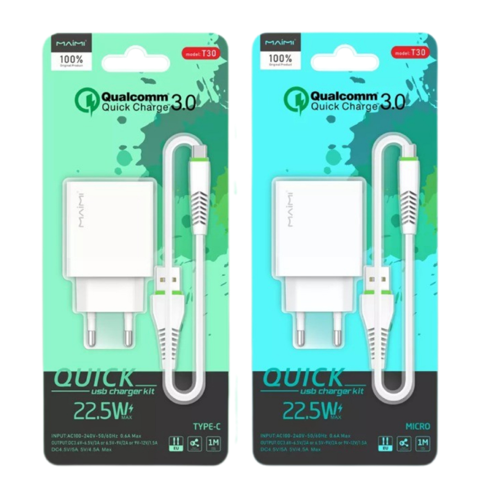 SMARTCHARGER KIT MAIMI-T30 22.5W QC 3.0-SINGLE USB- DATA CABLE X29