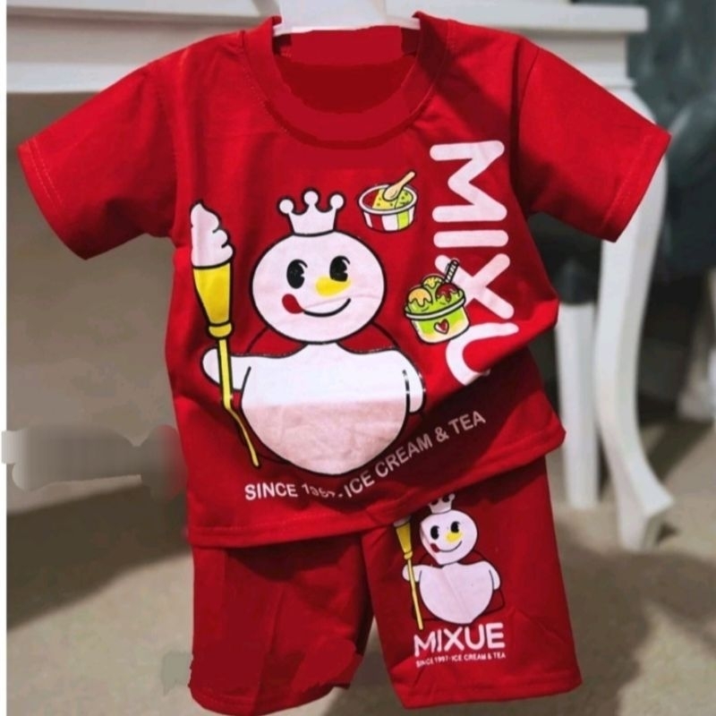 MERAH MIXUE VIRAL CHILDRENS เสื้อยืดน่ารักสีแดง MIXUE CHILDRENS SET
