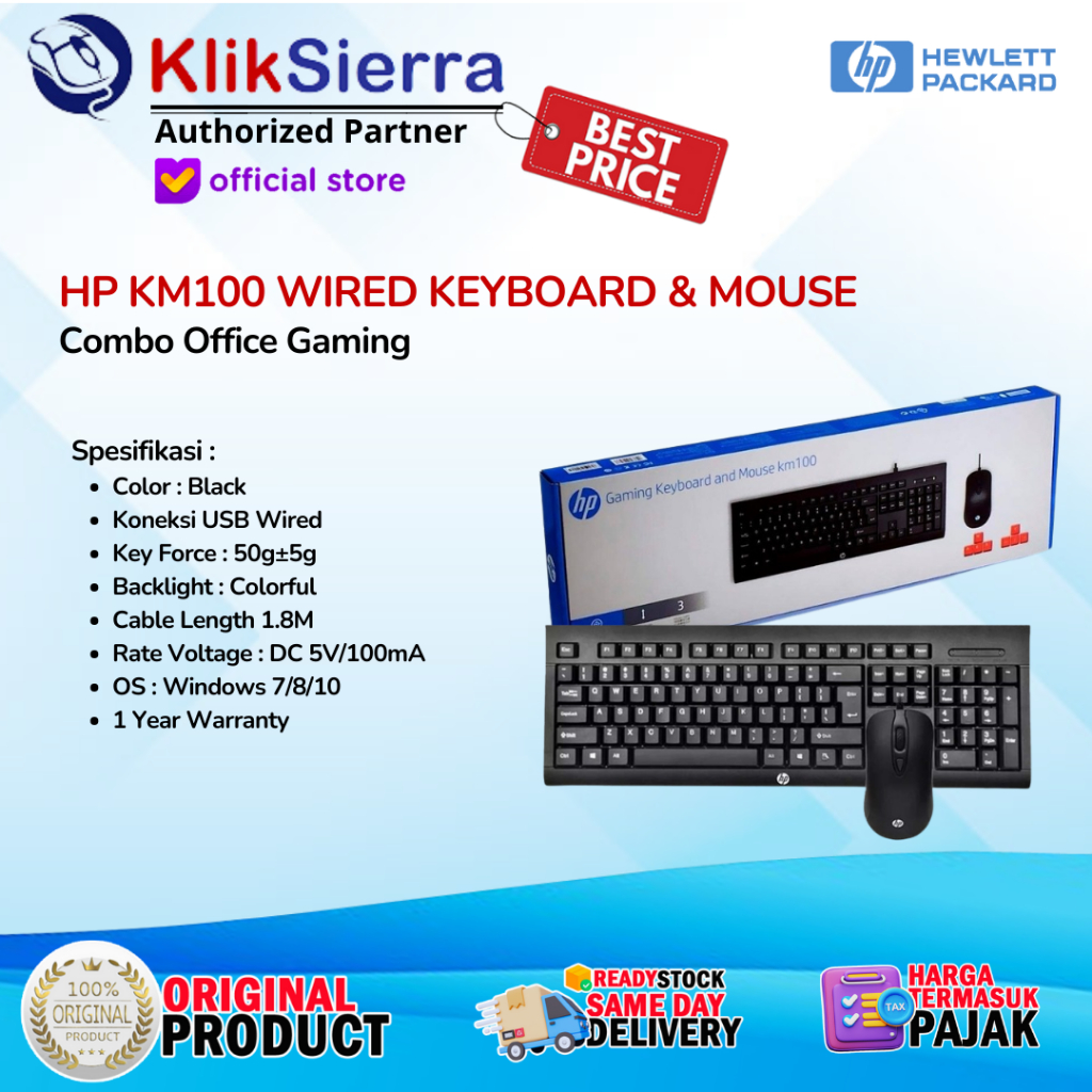 HP KM100 คีย์บอร์ดเมาส์ Combo Membrane Keyboard & เมาส์ USB 1600DPI