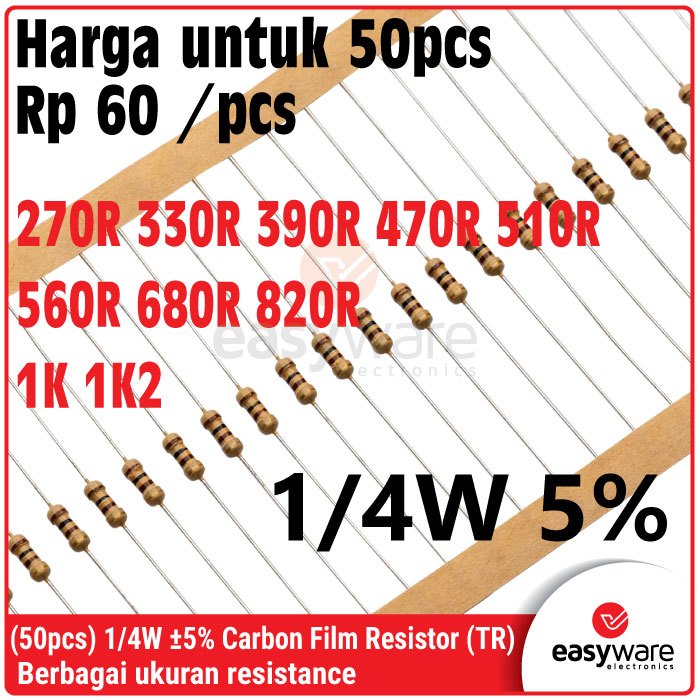 50x ตัวต้านทานฟิล์มคาร์บอน 1/4W 5% 0.25W 270R 330R 390R 470R 510R 560R 680R 820R 1K 1K2 OHM 330 OHM 