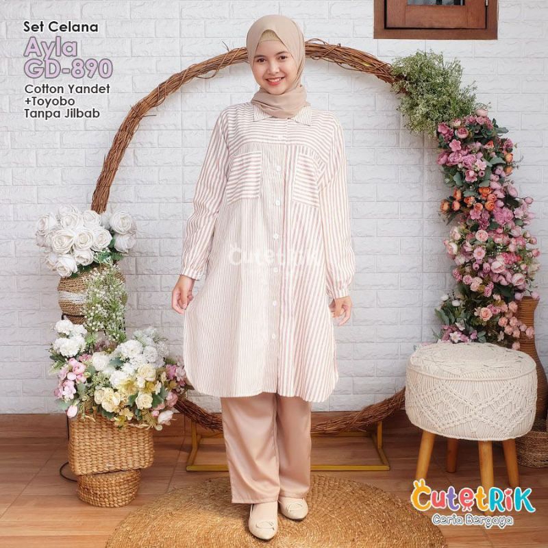 KEMEJA AYLAS LAST CUTETRIK TEENAGE PANTS SET, SIMPLE CASUAL STRIPE MOTIF CHILDRENS TUNIC SHIRT GD 89