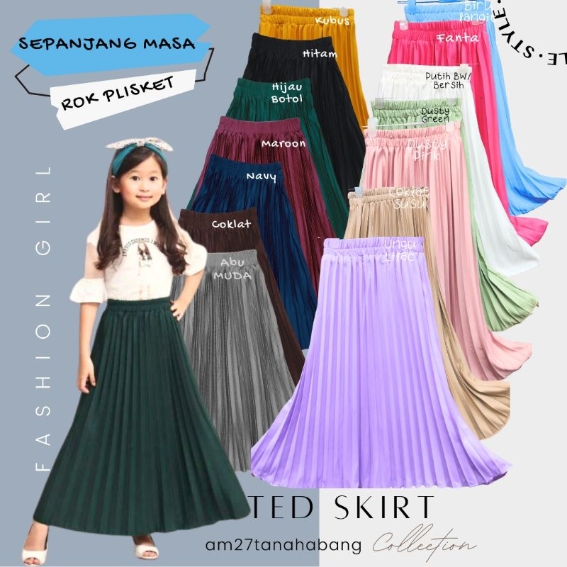 Am27 LONG PLISKET UMBRELLA SKIRT เด็ก 1-12 ปี PLAIN PLEATED SKIRT MUSLIM