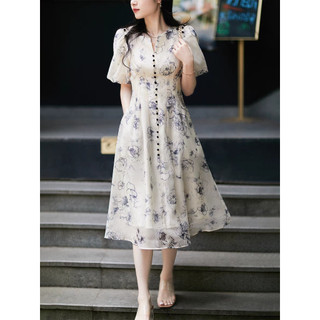NANA Dress lengan balon motif bunga highwaist premium