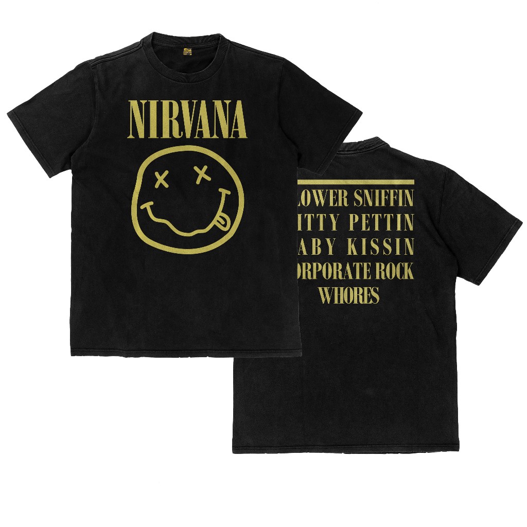 เสื้อยืด Nirvana Smiley Face 1992 Band Grunge Alternative Rock เสื้อยืดหนา Flexinc 16s Heavyweight