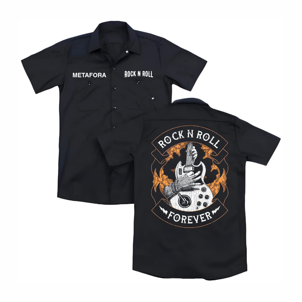 Kemeja Metaphor Workshirt Shirt Unisex Rock N Roll Forever Hiitam