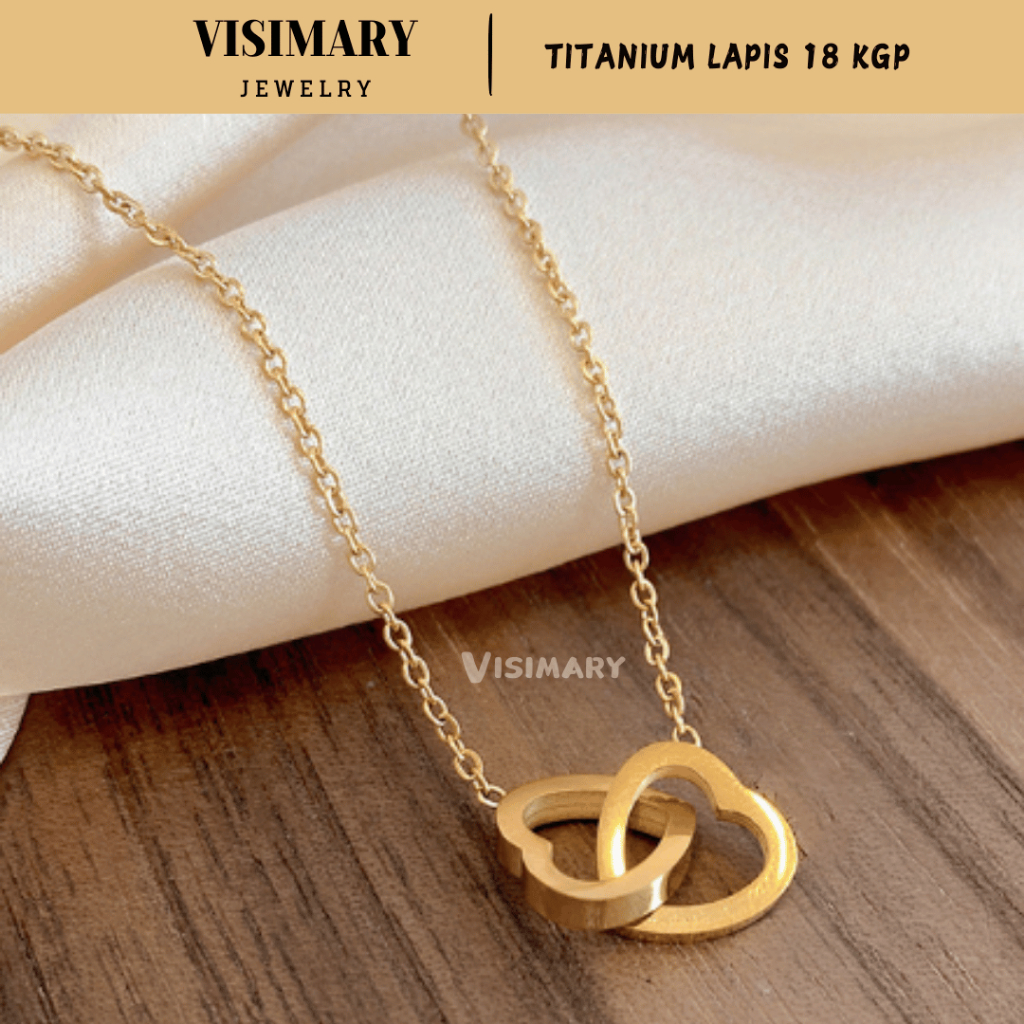 Visimary - K11 Premium Titanium สร้อยคอผู้หญิงจี้ Double Love Vintage สไตล์เกาหลี 18K Gold Plated
