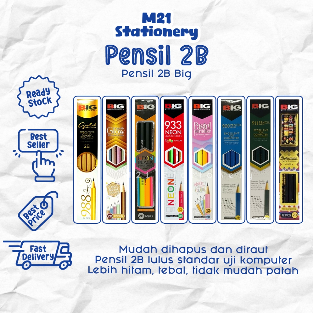 Hijau (12 ชิ้น) 2b BIG PENCILS / EXAM 977 PASTEL PARADISE PENCILS, 900 SERIES BLUE, 988 GOLD, 966 ME