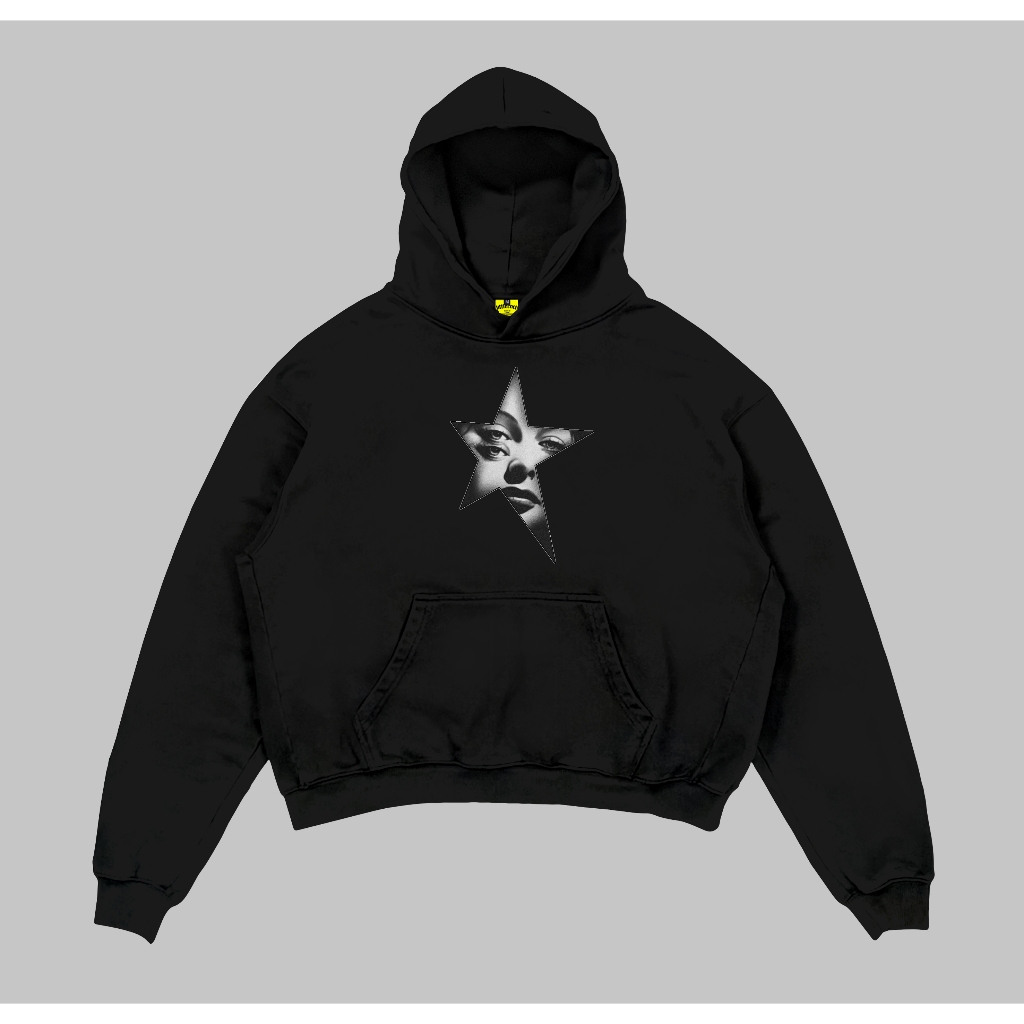 เสื้อผ้า Littlerock Boxyfit Hodie Star Face สีดํา | เสื้อแจ็คเก็ตมีฮู้ด Boxy สําหรับผู้ชายและผู้หญิง