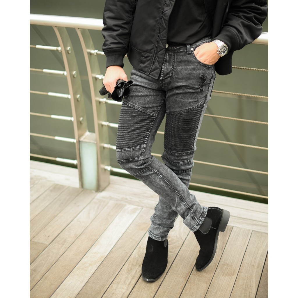 Ocean Biker Jeans - Biker Black Denim Slim Fit Stretch Original Distro