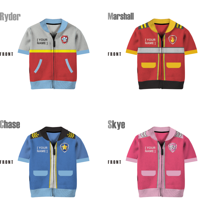 Paw Patrol Ryder Chase Marshall Skye เสื้อแจ็คเก็ตเด็กแขนสั้นนุ่มหนาวัสดุเรียบการพิมพ์ระเหิดชื่อปรับแต่ง