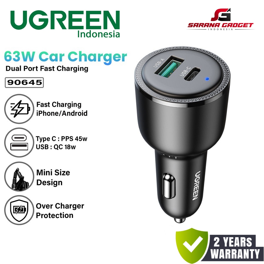 UGREEN 90645 Car Charger 63W Dual Port USB Type C PD QC Super Fast Charging Car Charger Saver Quick 