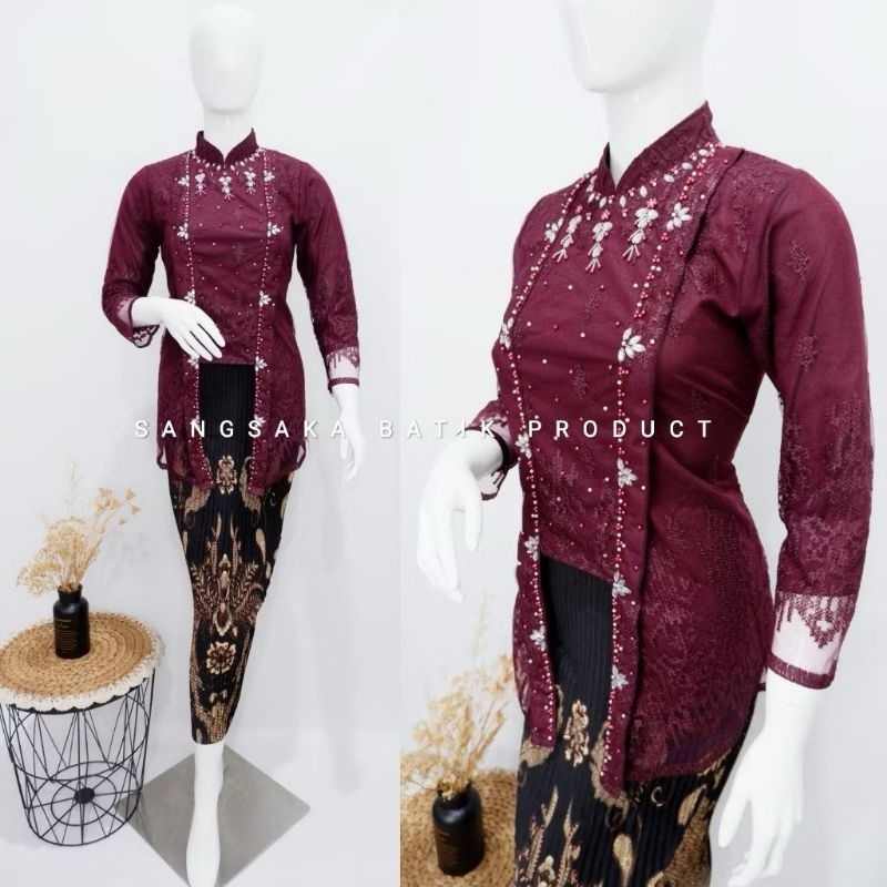 ล่าสุดใหม่ Kutu Kebaya เซี่ยงไฮ้คอปก Tille เลื่อมหรูหราผู้หญิง Kebaya แขนยาวสําเร็จการศึกษา Kebaya ล