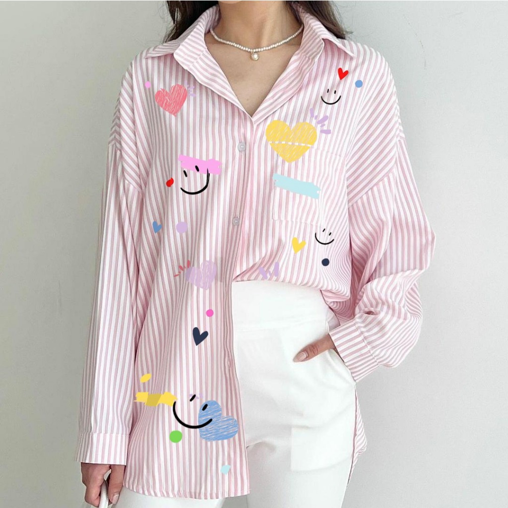KEMEJA Womens Oversize smile candy Stripe Shirt Paste Stripes xxl