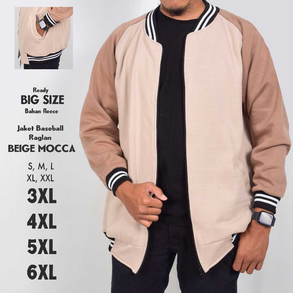 เสื้อแจ็คเก็ตบอมเบอร์เบสบอล Raglan Beige Mocca Jumbo ขนาดใหญ่ SML XL XXL 3XL 4XL 5XL 6XL