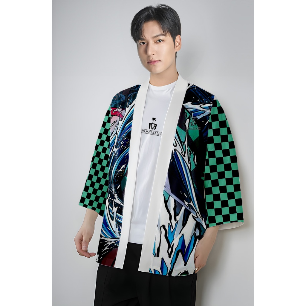 Hijau Kimono Haori Kimetsu No Yaiba Japanese Mens Green Plaid