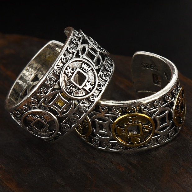 แหวนเหรียญจีนโบราณ - ตัวอักษรจีน ห้าจักรพรรดิ แหวนเหรียญฮวงจุ้ย โชคลาภโบราณ แหวนปรับโชคลาภ / ฮอกกี้นําโชคแมนดาริน วินเทจ คลาสสิก ย้อนยุค ผู้ชายและผู้หญิง ปรับขนาดได้ ยืดหยุ่น