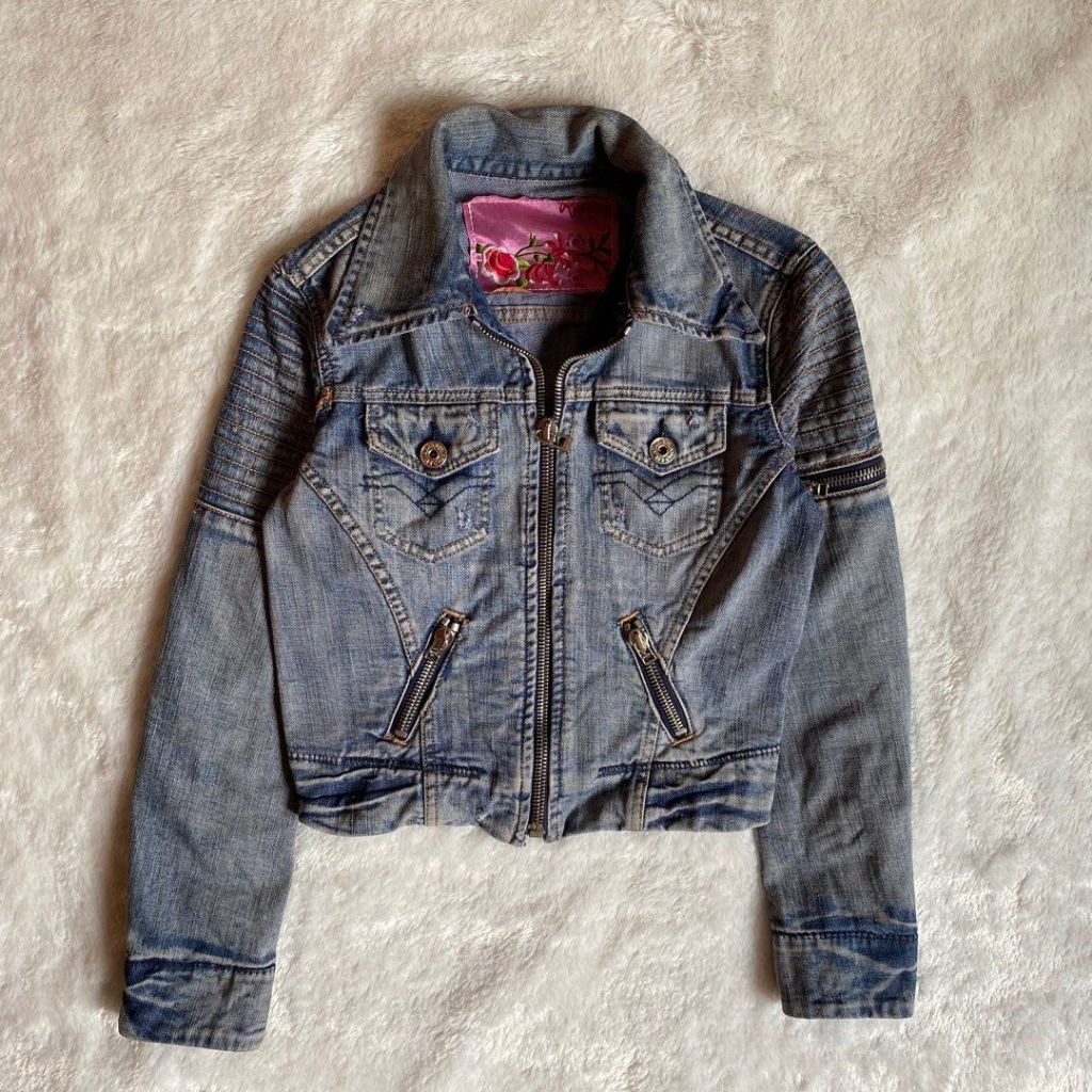 Replay Italy Vintage Y2K Bikers Denim Jeans Crop Jacket
