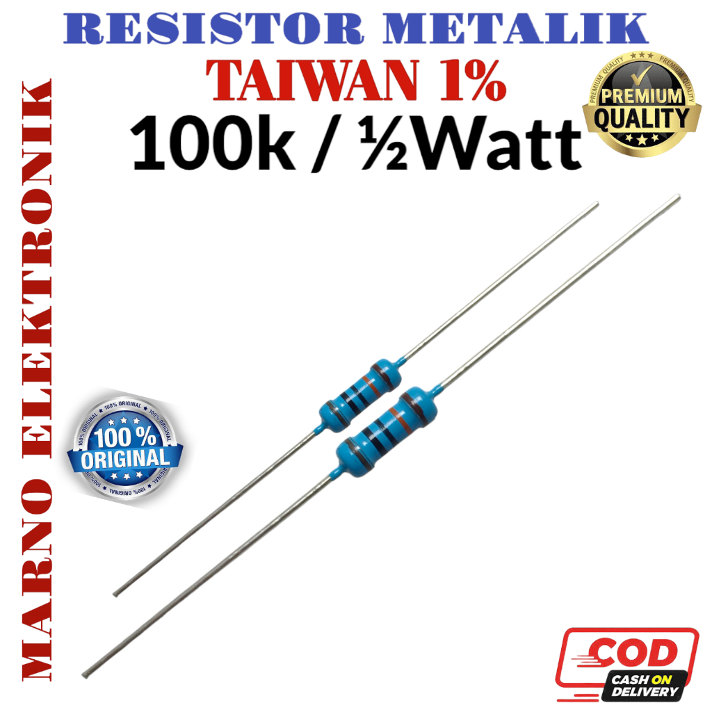 RESISTOR 1/2 0.5 WATT METAL TIWAN 1% 5x 100K 120K 150K 180K 220K 270K 330K 390K 470K 560K 680K 820K