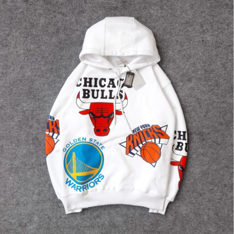 Putih Chicago BULLS เสื้อแจ็คเก็ตมีฮู้ด NEW YORK ป้ายสีขาว