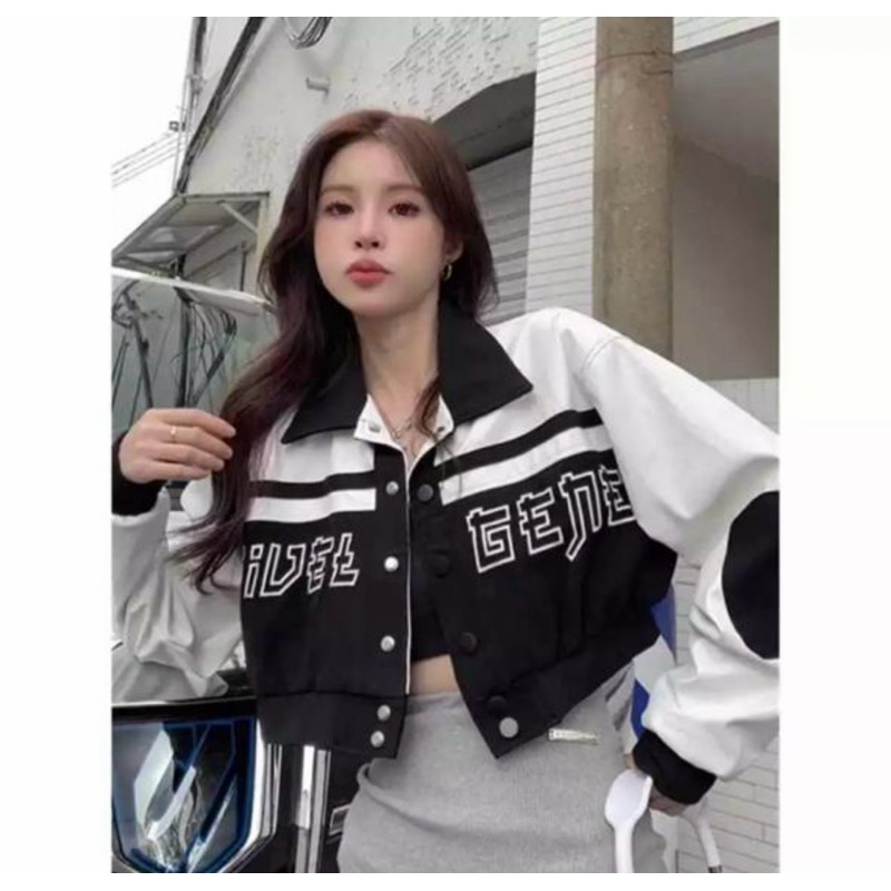 เสื้อแจ็คเก็ตผู้หญิงสีชมพูทรงครอป สไตล์เกาหลี พร้อมส่ง