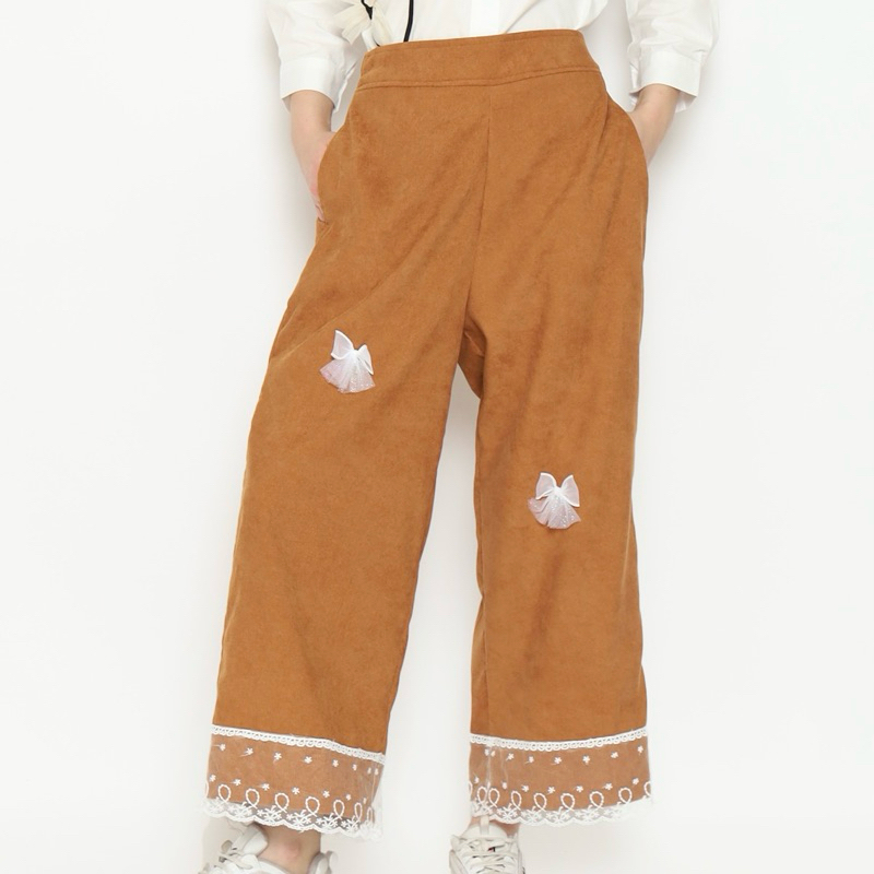 Senchi] - Ayaka กางเกงผ้าลูกฟูก ริบบิ้นลูกไม้ คูลอตต์ / กางเกงขายาว เอวยางยืด ผ้าลูกฟูก สไตล์เกาหลี ญี่ปุ่น