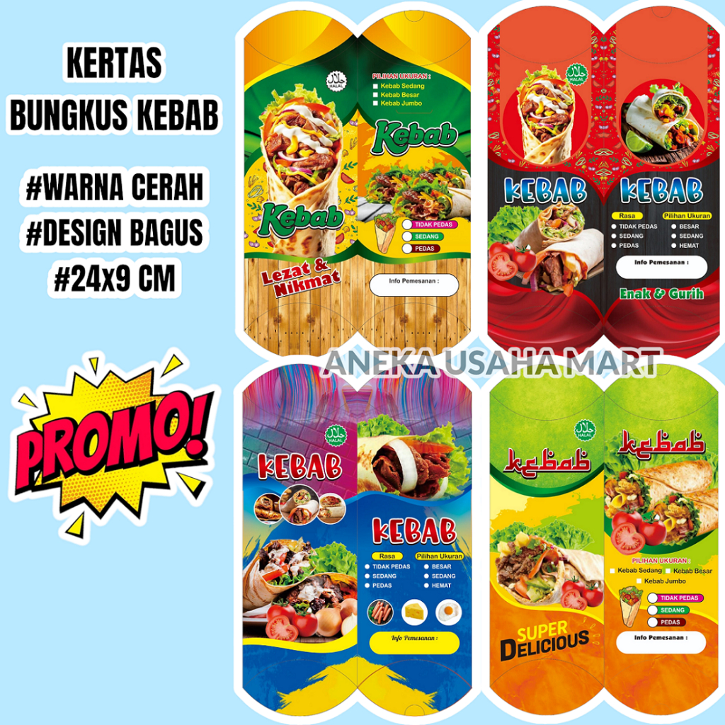 100 ชิ้น KEBAB PAPER 4 PICTURES 24CM x 9CM KEBAB WRAP - KEBAB PACKAGING - KEBAB CONTAINER - KEBAB BO