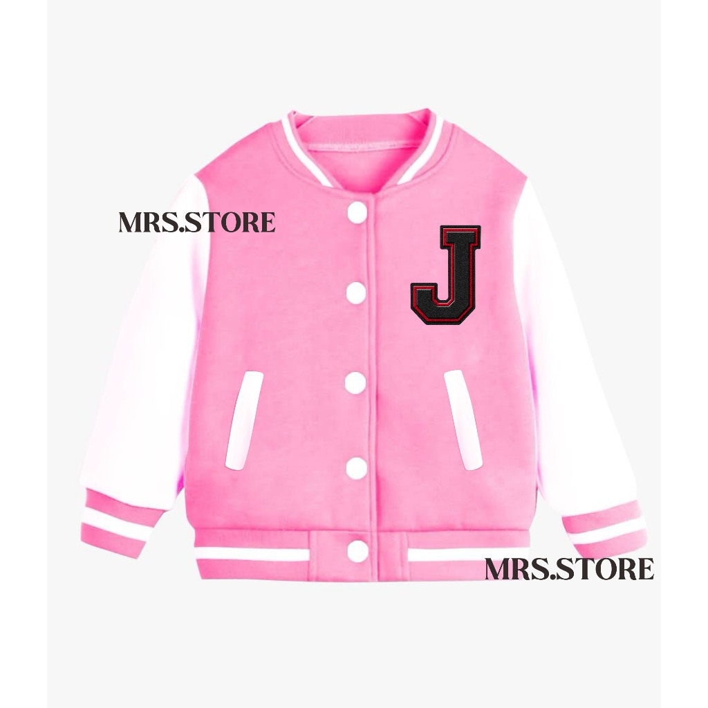เด็ก Varsity bomber เบสบอลแจ็คเก็ต Initial J หญิงอายุ 2 3 4 5 6 7 8 9 10 11 12 ปี Full DTF หน้าจอพิม