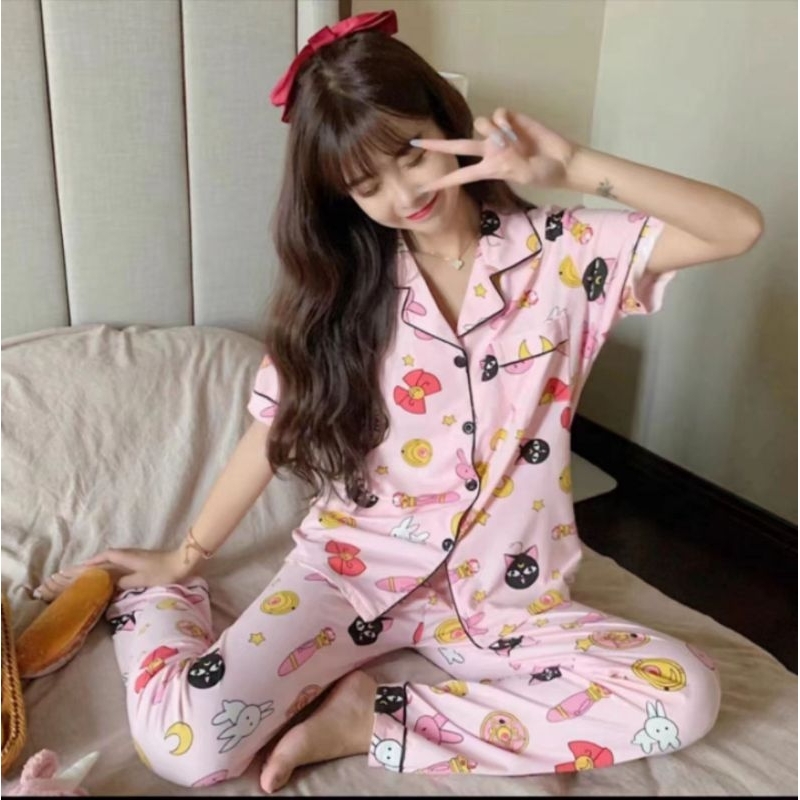 KEMEJA VOGUE ชุดนอนสตรีพร้อมคอปกและกางเกงขายาว