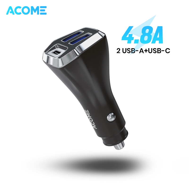 Acome ที่ชาร์จในรถยนต์ ACC07 พอร์ตคู่ USB-A USB-C 4.8A QC3.0 ปลั๊กเสียบรถยนต์ รองรับอุปกรณ์ชาร์จเร็ว สีดํา ของแท้ - รับประกัน 1 ปี