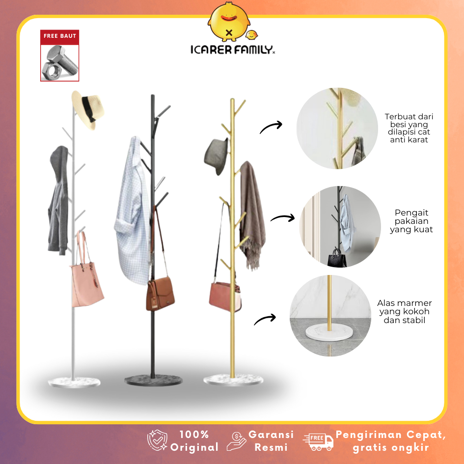 GANTUNGAN HJK Icarer Family Marble เสื้อผ้าหมวกแขวนกระเป๋า 8 ตะขอสแตนเลสทรงกลม