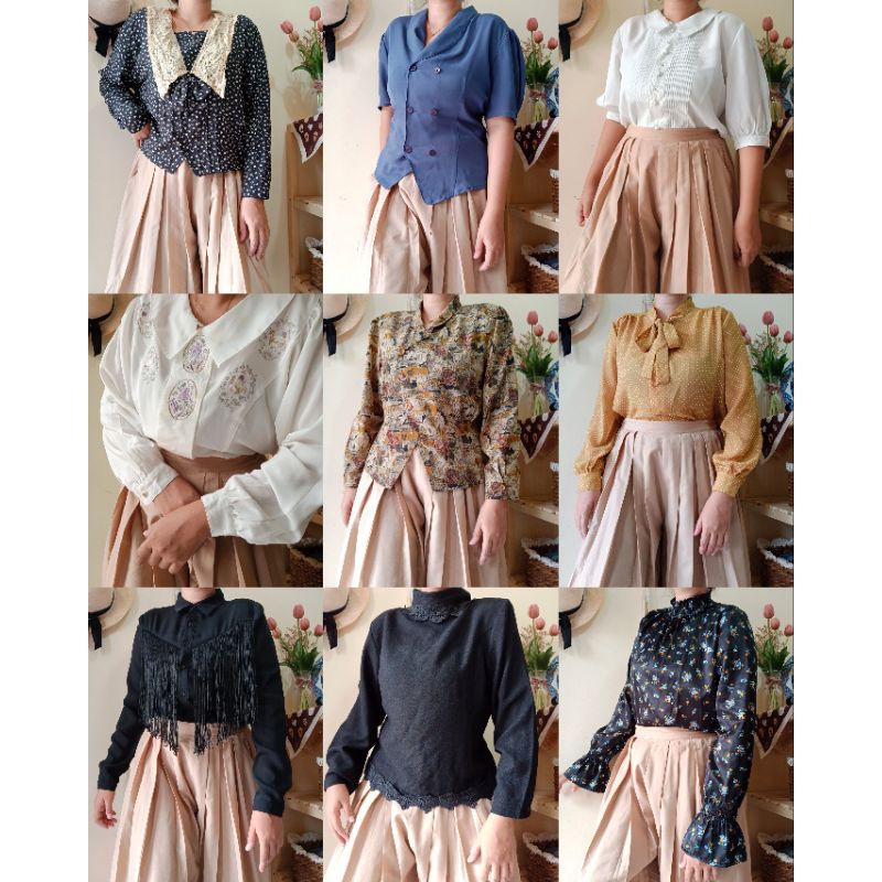เสื้อเบลาส์ วินเทจ เย็บปักถักร้อยเดซี่/เทพนิยายลายนูน/กุหลาบวินเทจ/มันวาวผ้าไหม