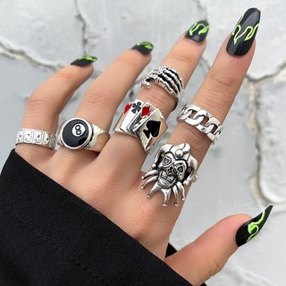COD 6Pcs/Set Cincin Unisex Punk Retro Pria  Membesar-besarkan Punk Rock  Cakar Poker Badut Badut Nomor 8 Perhiasan Bulat Fashion Retro Anti Karat Untuk Pria Dan Wanita-Yinmer