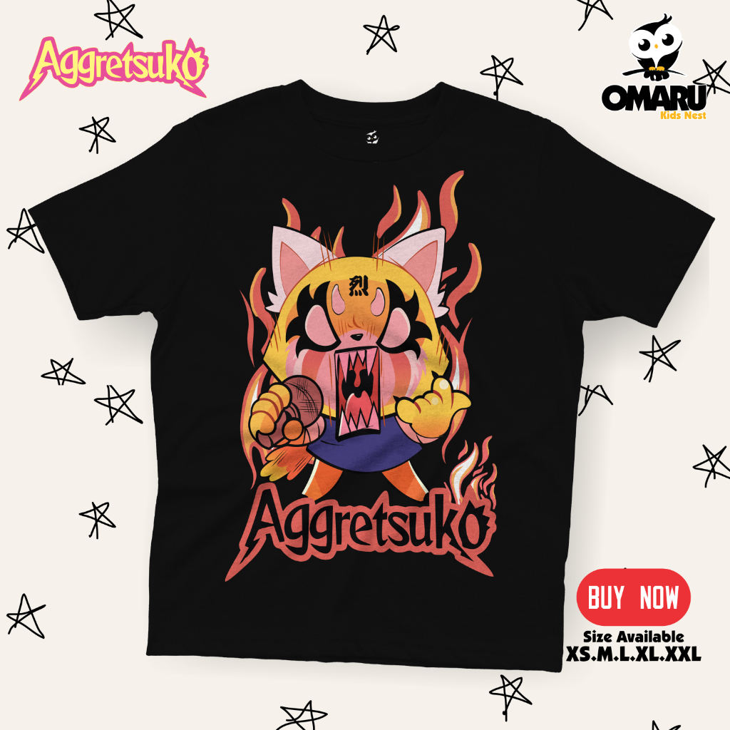 Omaru เสื้อยืดเด็ก Aggretsuko 2-10 ปี Unisex Special Edition Aggretsuko Kuromi Sanrio Netfix Series 