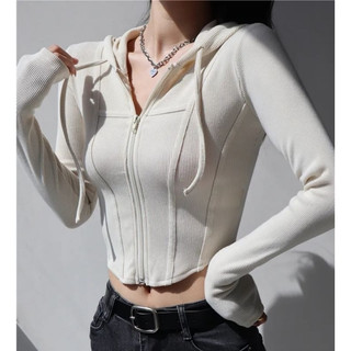 HOODIE CROP TOP LONGSLEEVE REINA ZIPPER WANITA KOREAN STYLE