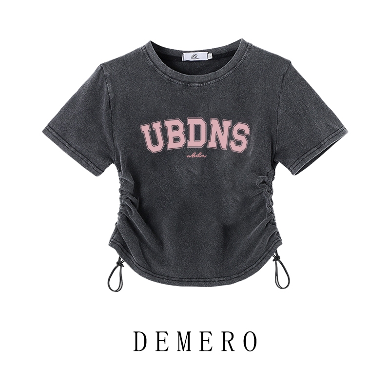 Demero ผู้หญิง Crop เสื้อยืดเกาหลี UBDNS เสื้อยืดแขนสั้นผู้หญิงใหม่ล่าสุด Crop Top Drawstring ล้างผู