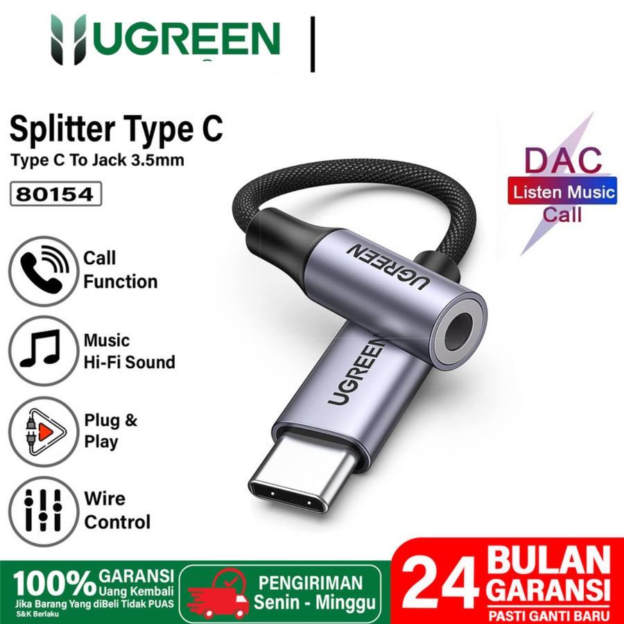 UGREEN อะแดปเตอร์แปลงแยกประเภท C เป็นแจ็คอะแดปเตอร์เสียง DAC 3.5 มม. 80154
