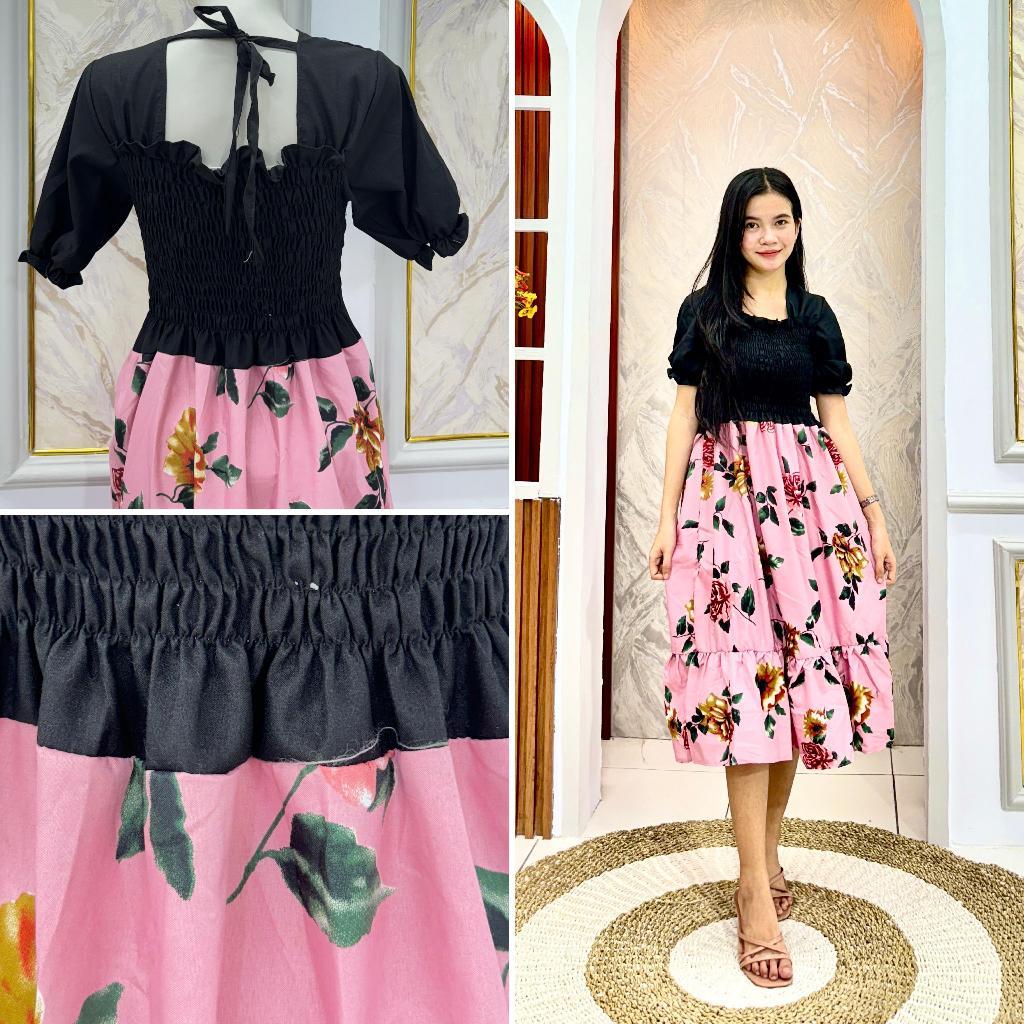 ANFAS - JIWON DRESS COMBINATION / ใหม่ชุดลําลองฤดูร้อนแขนสั้นผู้หญิงสม็อคเดรสจีบลายดอกไม้ผูก