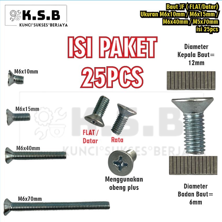 25PCS JF Bolts (หัวFLAT) M6x10mm / M6x15mm / M6x40mm / M6x70mm