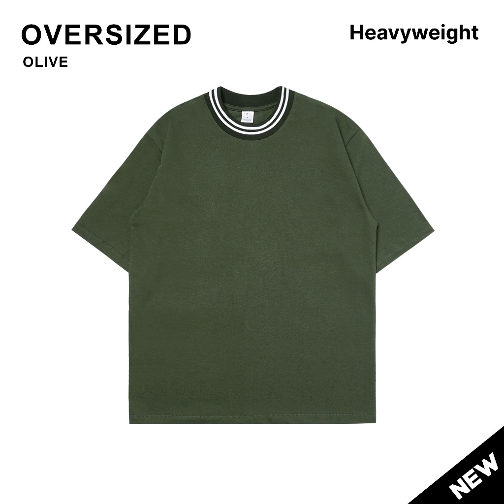 ODS เสื้อยืด Oversize Heavyweight Cotton 16s คอปกลายทาง - Olive