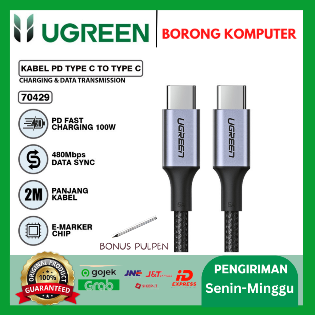 สาย USB-C type c 5A/100W Nylon Braided US316 2m Ugreen